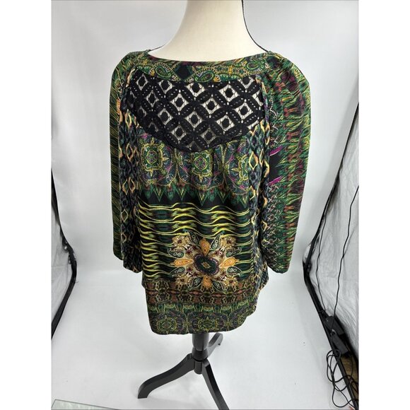 Fig and Flower Wome's Size M Boho Patchwork Print Peasant Blouse Tie Neck - Picture 4 of 7